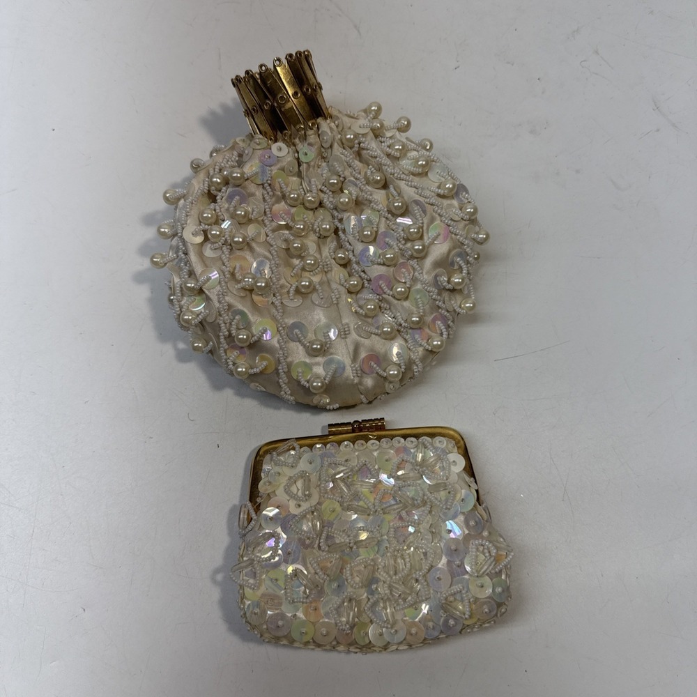 Vintage Beaded White Satin Bag Handmade In Hong Kong 1950's Set W/coin Purse